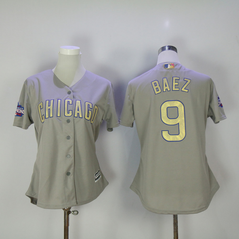 MLB Chicago Cubs #9 Baez Grey Gold Number Women Jersey