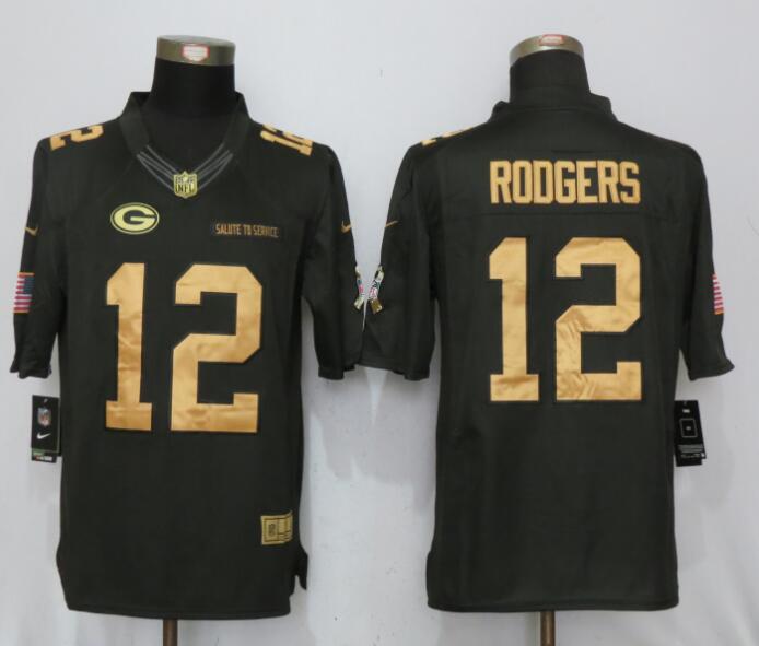 New Nike Green Bay Packers #12 Rodgers Gold Anthracite Salute To Service Limited Jersey