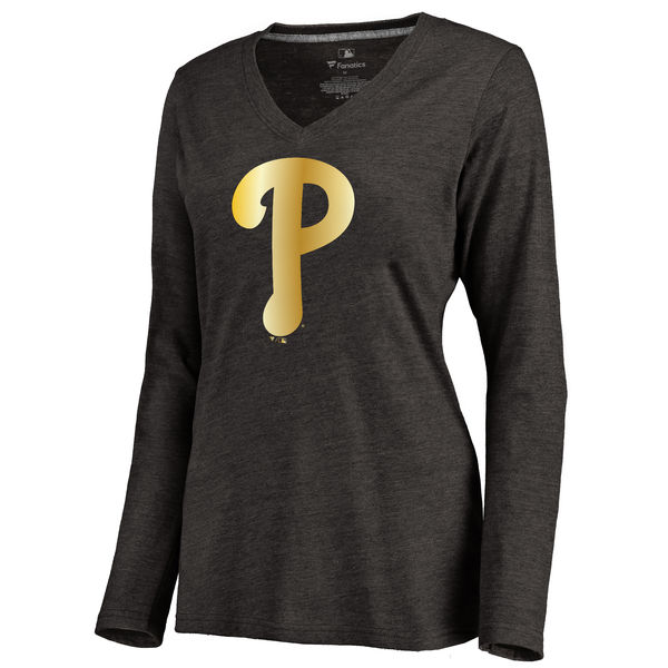 Philadelphia Phillies Womens Gold Collection Long Sleeve V-Neck Tri-Blend T-Shirt - Black 