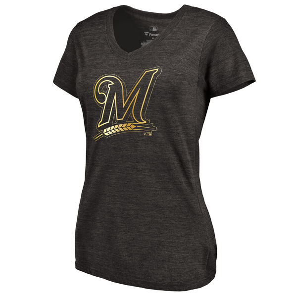 Milwaukee Brewers Fanatics Apparel Womens Gold Collection V-Neck Tri-Blend T-Shirt - Black 