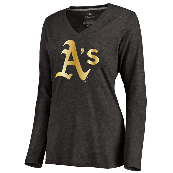 Oakland Athletics Womens Gold Collection Long Sleeve V-Neck Tri-Blend T-Shirt - Black 