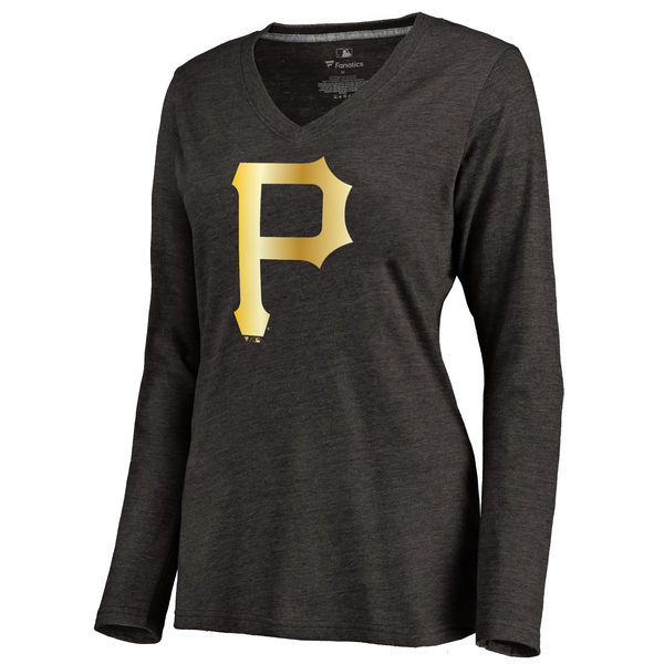 Pittsburgh Pirates Womens Gold Collection Long Sleeve V-Neck Tri-Blend T-Shirt - Black 