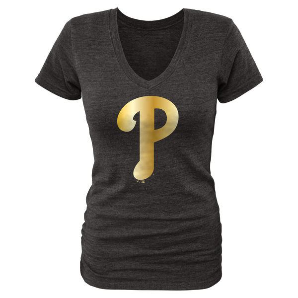 Philadelphia Phillies Fanatics Apparel Womens Gold Collection V-Neck Tri-Blend T-Shirt - Black 