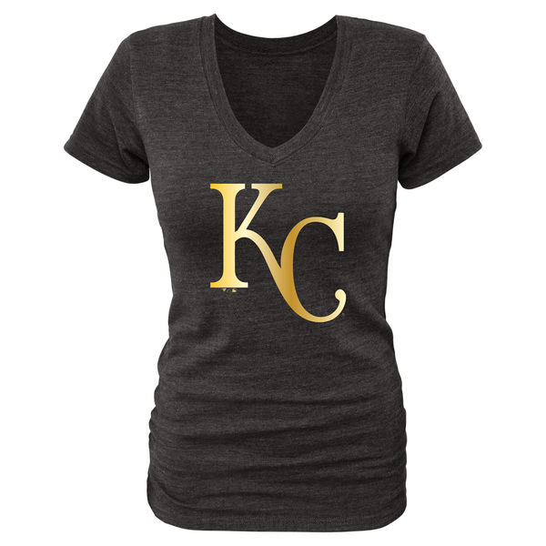 Kansas City Royals Womens Gold Collection Tri-Blend V-Neck T-Shirt - Black 