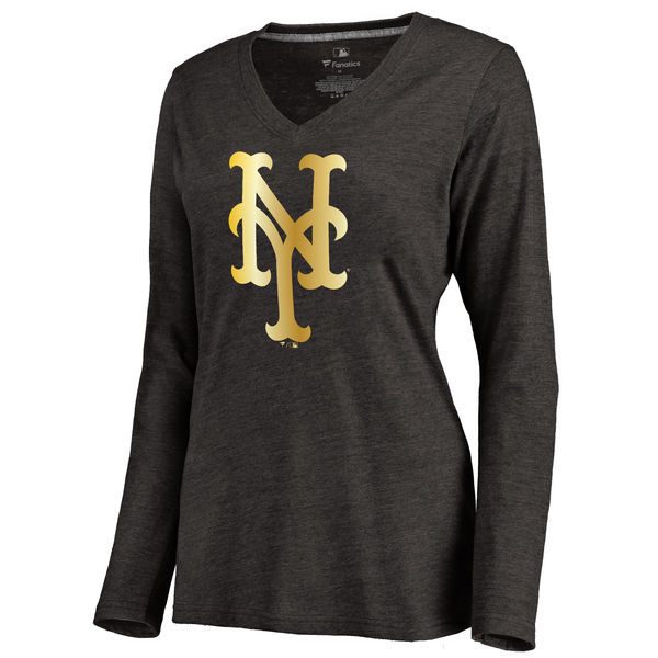 New York Mets Womens Gold Collection Long Sleeve V-Neck Tri-Blend T-Shirt - Black 