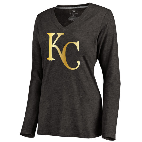 Kansas City Royals Womens Gold Collection Long Sleeve V-Neck Tri-Blend T-Shirt - Black 