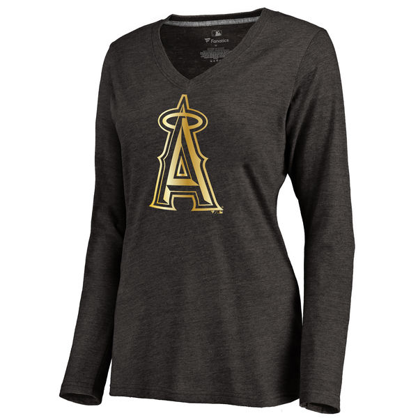 Los Angeles Angels of Anaheim Womens Gold Collection Long Sleeve V-Neck Tri-Blend T-Shirt - Black 