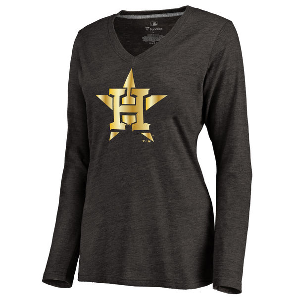 Houston Astros Womens Gold Collection Long Sleeve V-Neck Tri-Blend T-Shirt - Black 