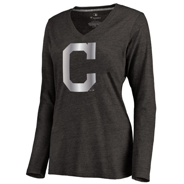 Cleveland Indians Womens Platinum Collection Long Sleeve V-Neck Tri-Blend T-Shirt - Black 