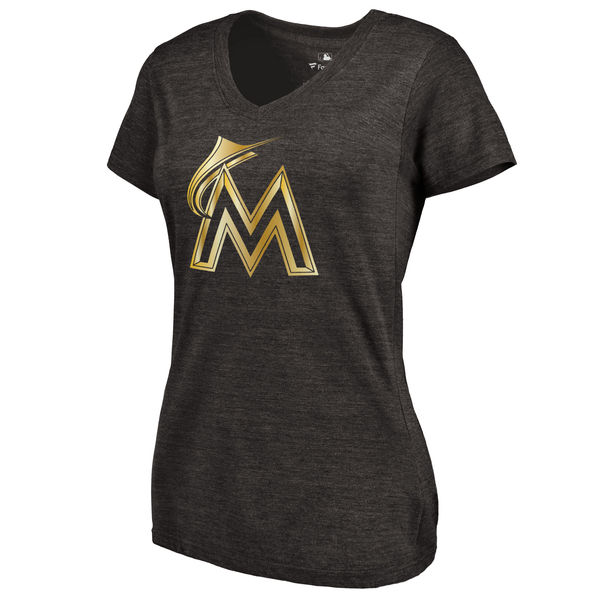 Miami Marlins Fanatics Apparel Womens Gold Collection Tri-Blend V-Neck T-Shirt - Black 