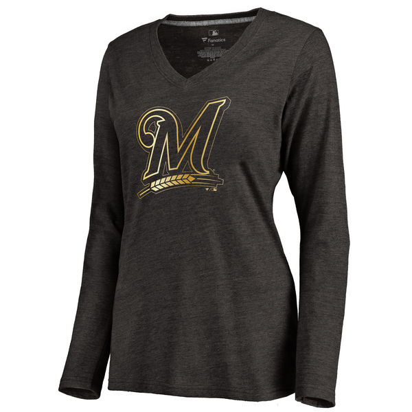 Milwaukee Brewers Womens Gold Collection Long Sleeve V-Neck Tri-Blend T-Shirt - Black 