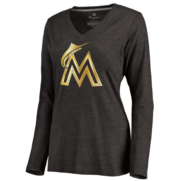 Miami Marlins Womens Gold Collection Long Sleeve V-Neck Tri-Blend T-Shirt - Black 