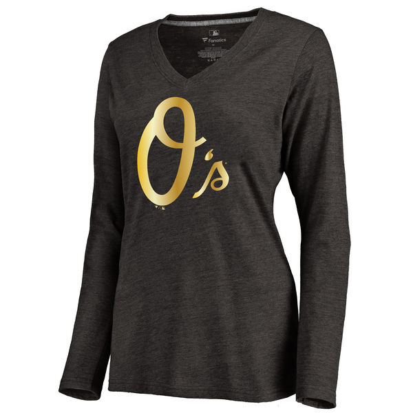Baltimore Orioles Womens Gold Collection Long Sleeve V-Neck Tri-Blend T-Shirt - Black 