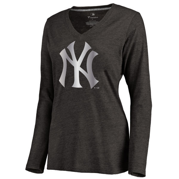 New York Yankees Womens Platinum Collection Long Sleeve V-Neck Tri-Blend T-Shirt - Black 
