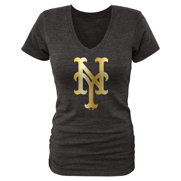 New York Mets Fanatics Apparel Womens Gold Collection V-Neck Tri-Blend T-Shirt - Black 