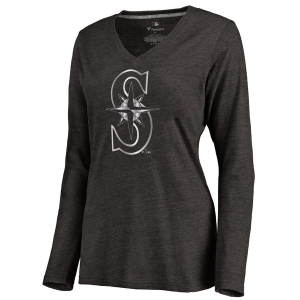 Seattle Mariners Womens Platinum Collection Long Sleeve V-Neck Tri-Blend T-Shirt - Black 