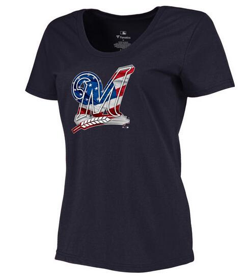 Womens Milwaukee Brewers Navy Plus Sizes Banner Wave T-Shirt 