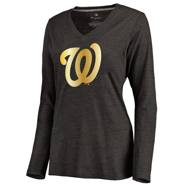 Washington Nationals Womens Gold Collection Long Sleeve V-Neck Tri-Blend T-Shirt - Black 