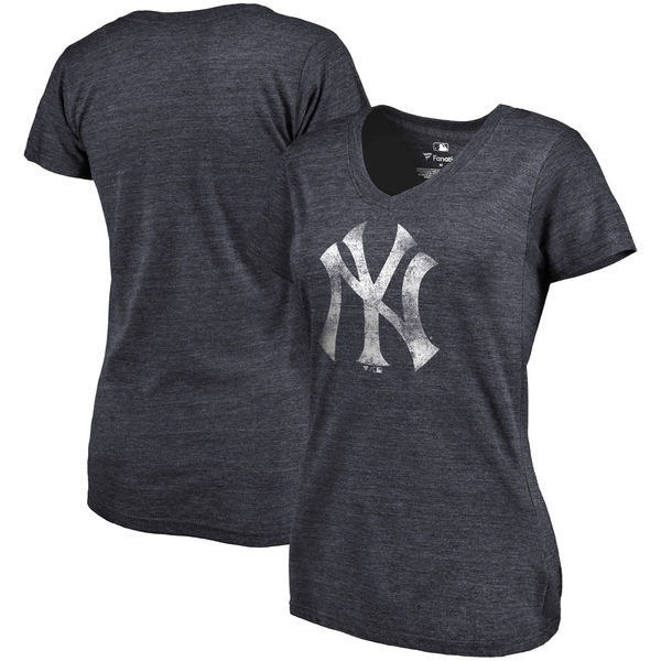 New York Yankees Fanatics Branded Womens Primary Distressed Team Tri-Blend V-Neck T-Shirt - Heathered Navy 
