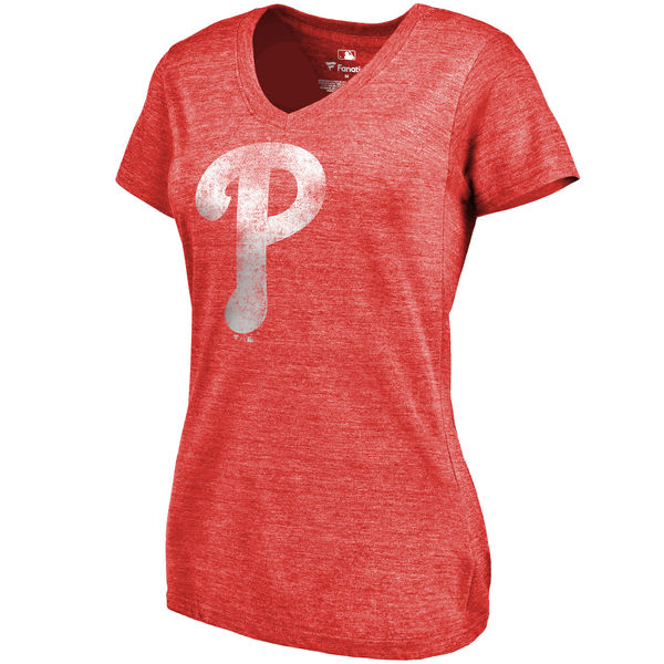 Philadelphia Phillies Fanatics Branded Womens Primary Distressed Team Tri-Blend V-Neck T-Shirt - Heathered Red 