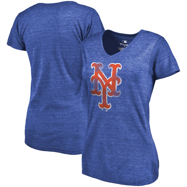 New York Mets Fanatics Branded Womens Primary Distressed Team Tri-Blend V-Neck T-Shirt - Heathered Royal 