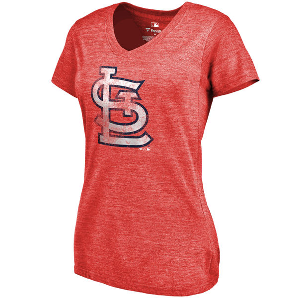 St. Louis Cardinals Fanatics Branded Womens Primary Distressed Team Tri-Blend V-Neck T-Shirt - Heathered Red 