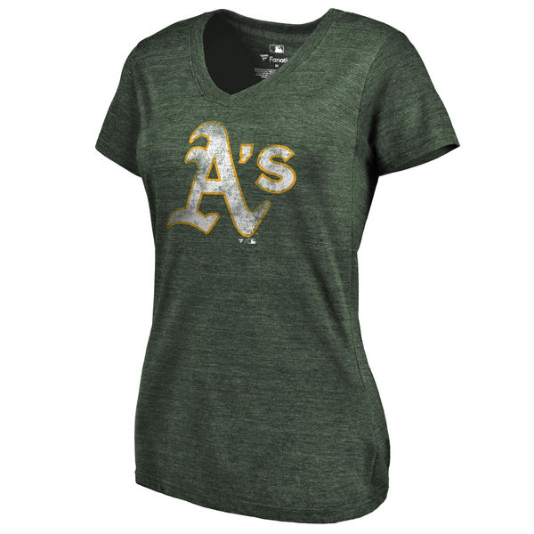 Oakland Athletics Fanatics Branded Womens Primary Distressed Team Tri-Blend V-Neck T-Shirt - Heathered Green 