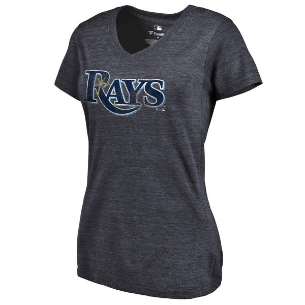 Tampa Bay Rays Fanatics Branded Womens Primary Distressed Team Tri-Blend V-Neck T-Shirt - Heathered Navy 
