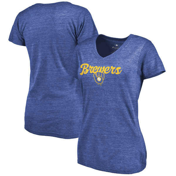 Milwaukee Brewers Womens Freehand V-Neck Slim Fit Tri-Blend T-Shirt - Royal 