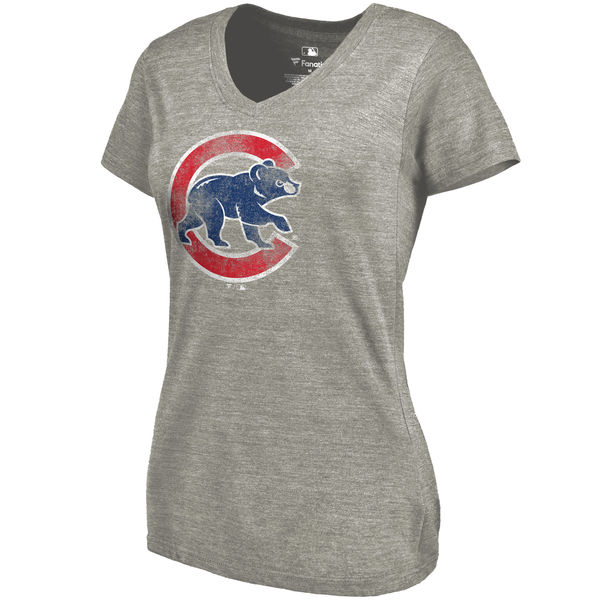 Chicago Cubs Fanatics Branded Womens Primary Distressed Team Tri-Blend V-Neck T-Shirt - Heathered Gray 