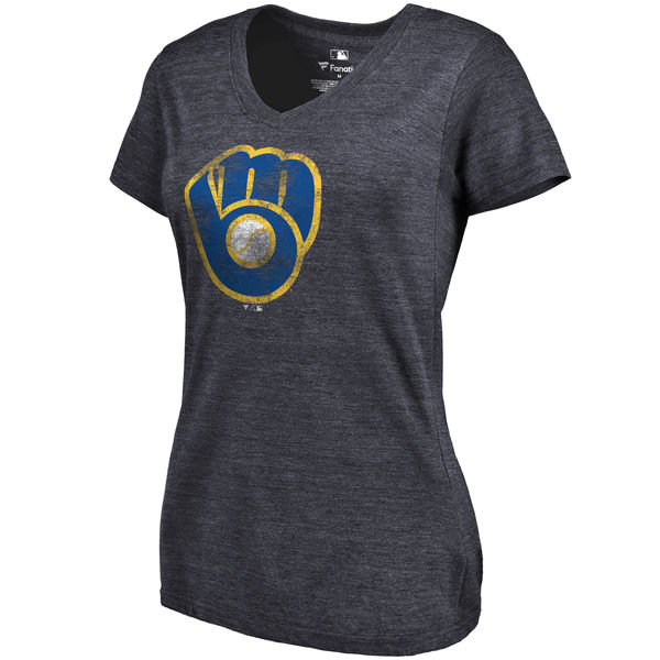 Milwaukee Brewers Fanatics Branded Womens Primary Distressed Team Tri-Blend V-Neck T-Shirt - Heathered Navy 