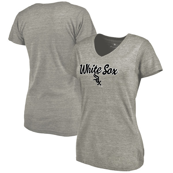 Chicago White Sox Womens Freehand V-Neck Slim Fit Tri-Blend T-Shirt - Ash 