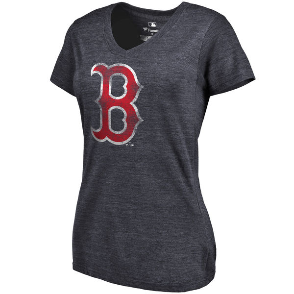 Boston Red Sox Fanatics Branded Womens Primary Distressed Team Tri-Blend V-Neck T-Shirt - Heathered Navy 