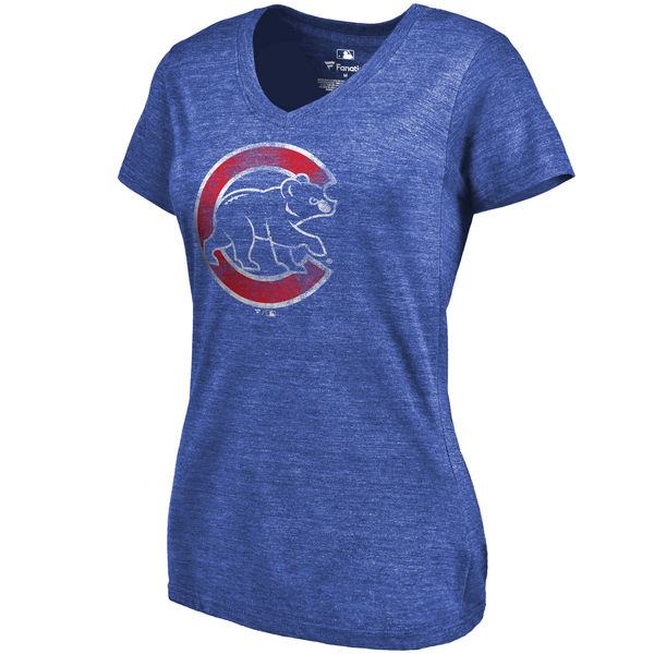 Chicago Cubs Fanatics Branded Womens Primary Distressed Team Tri-Blend V-Neck T-Shirt - Heathered Royal 