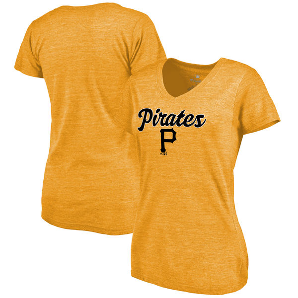 Pittsburgh Pirates Womens Freehand V-Neck Slim Fit Tri-Blend T-Shirt - Gold 