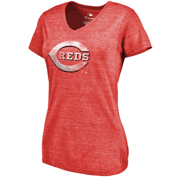 Cincinnati Reds Fanatics Branded Womens Primary Distressed Team Tri-Blend V-Neck T-Shirt - Heathered Red 