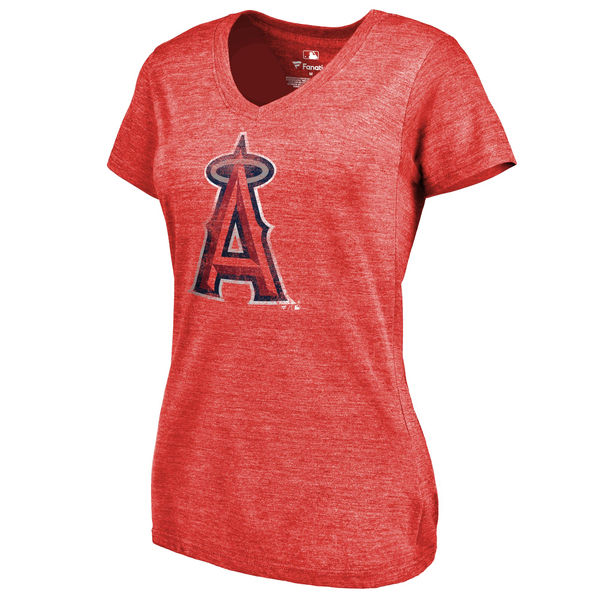 Los Angeles Angels of Anaheim Fanatics Branded Womens Primary Distressed Team Tri-Blend V-Neck T-Shirt - Heathered Red 