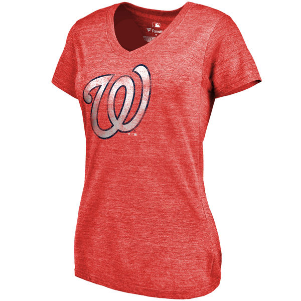 Washington Nationals Fanatics Branded Womens Primary Distressed Team Tri-Blend V-Neck T-Shirt - Heathered Red 