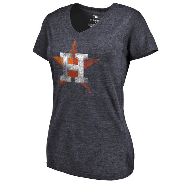 Houston Astros Fanatics Branded Womens Primary Distressed Team Tri-Blend V-Neck T-Shirt - Heathered Navy