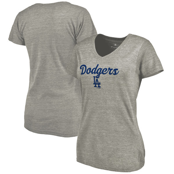 Los Angeles Dodgers Womens Freehand V-Neck Slim Fit Tri-Blend T-Shirt - Ash 