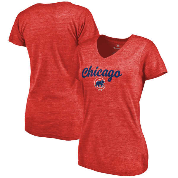 Chicago Cubs Womens Freehand V-Neck Slim Fit Tri-Blend T-Shirt - Red 