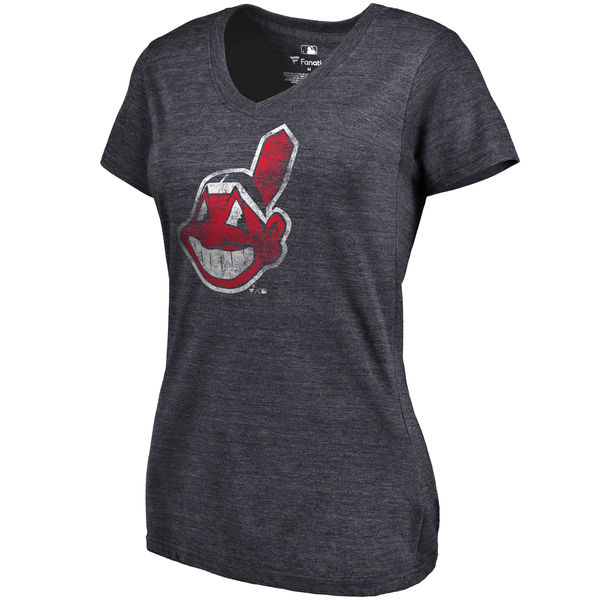 Cleveland Indians Fanatics Branded Womens Primary Distressed Team Tri-Blend V-Neck T-Shirt - Heathered Navy 