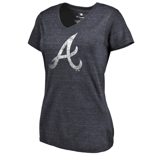 Atlanta Braves Fanatics Branded Womens Primary Distressed Team Tri-Blend V-Neck T-Shirt - Heathered Navy 