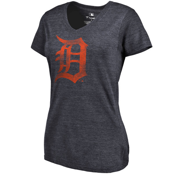 Detroit Tigers Fanatics Branded Womens Primary Distressed Team Tri-Blend V-Neck T-Shirt - Heathered Navy 