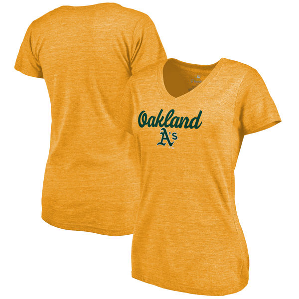 Oakland Athletics Womens Freehand V-Neck Slim Fit Tri-Blend T-Shirt - Gold 