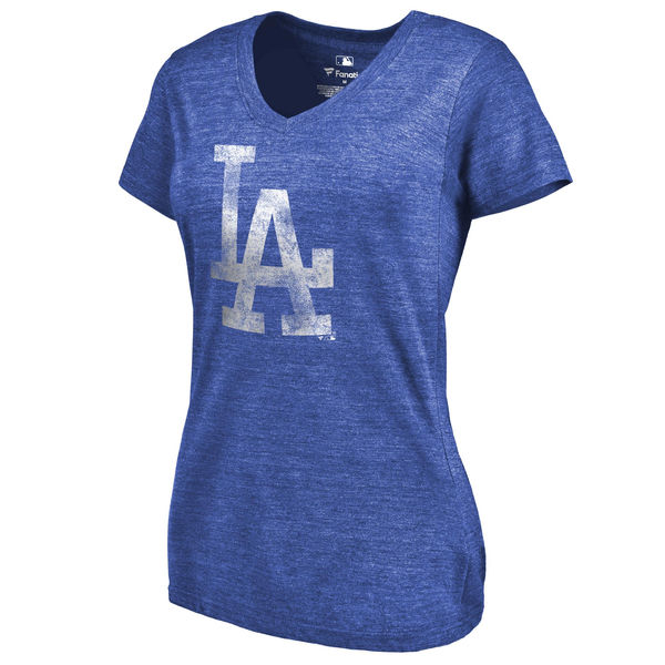 Los Angeles Dodgers Fanatics Branded Womens Primary Distressed Team Tri-Blend V-Neck T-Shirt - Heathered Royal 