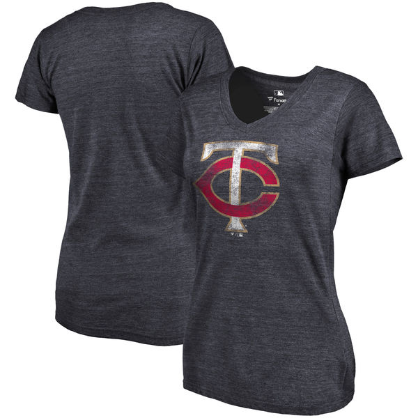 Minnesota Twins Fanatics Branded Womens Primary Distressed Team Tri-Blend V-Neck T-Shirt - Heathered Navy 