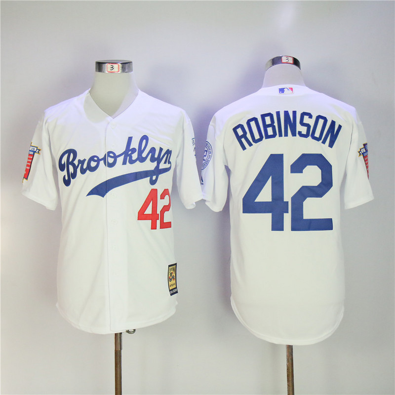 MLB Los Angeles Dodgers #42 Robinson White  Cooperstown Collection 1955 Hall Of Fame & Dual Patch Throwback Jersey