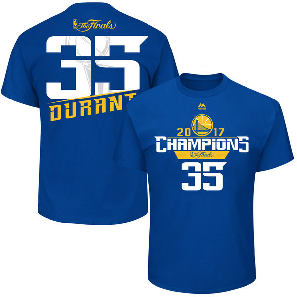 Kevin Durant Golden State Warriors Majestic 2017 NBA Finals Champions Name & Number T-Shirt - Royal 