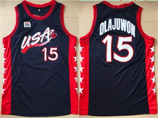 NBA Olympics Team USA Mens #15 Olajuwon Navy Blue Stitched Jersey